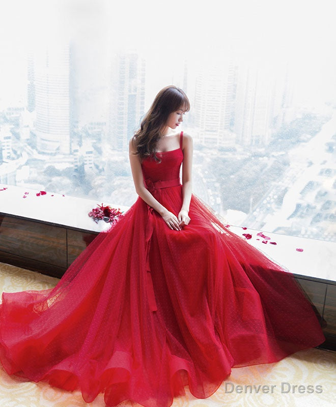 Red Tulle Long Prom Dress, Red Tulle Prom Dresses