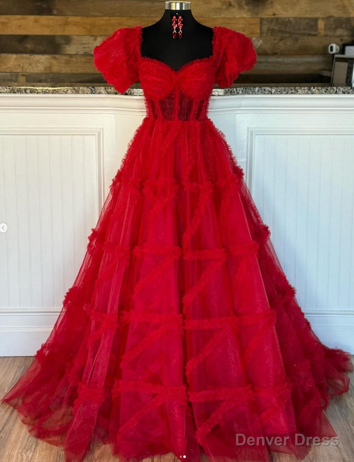 Red Tulle Long Prom Dresses with Sheer Corset Bodice Main image