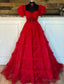 Red Tulle Long Prom Dresses with Sheer Corset Bodice