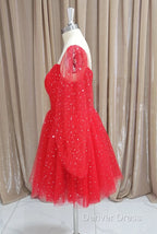 Red Tulle Long Puffy Sleeves Short Prom Dresses, Red Tulle Homecoming Dresses