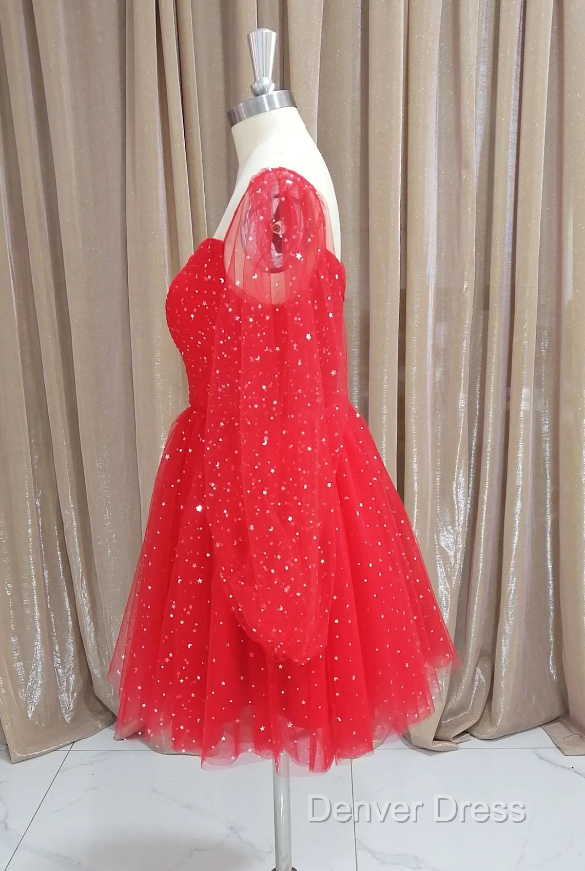 Red Tulle Long Puffy Sleeves Short Prom Dress, Red Tulle Homecoming Dresses