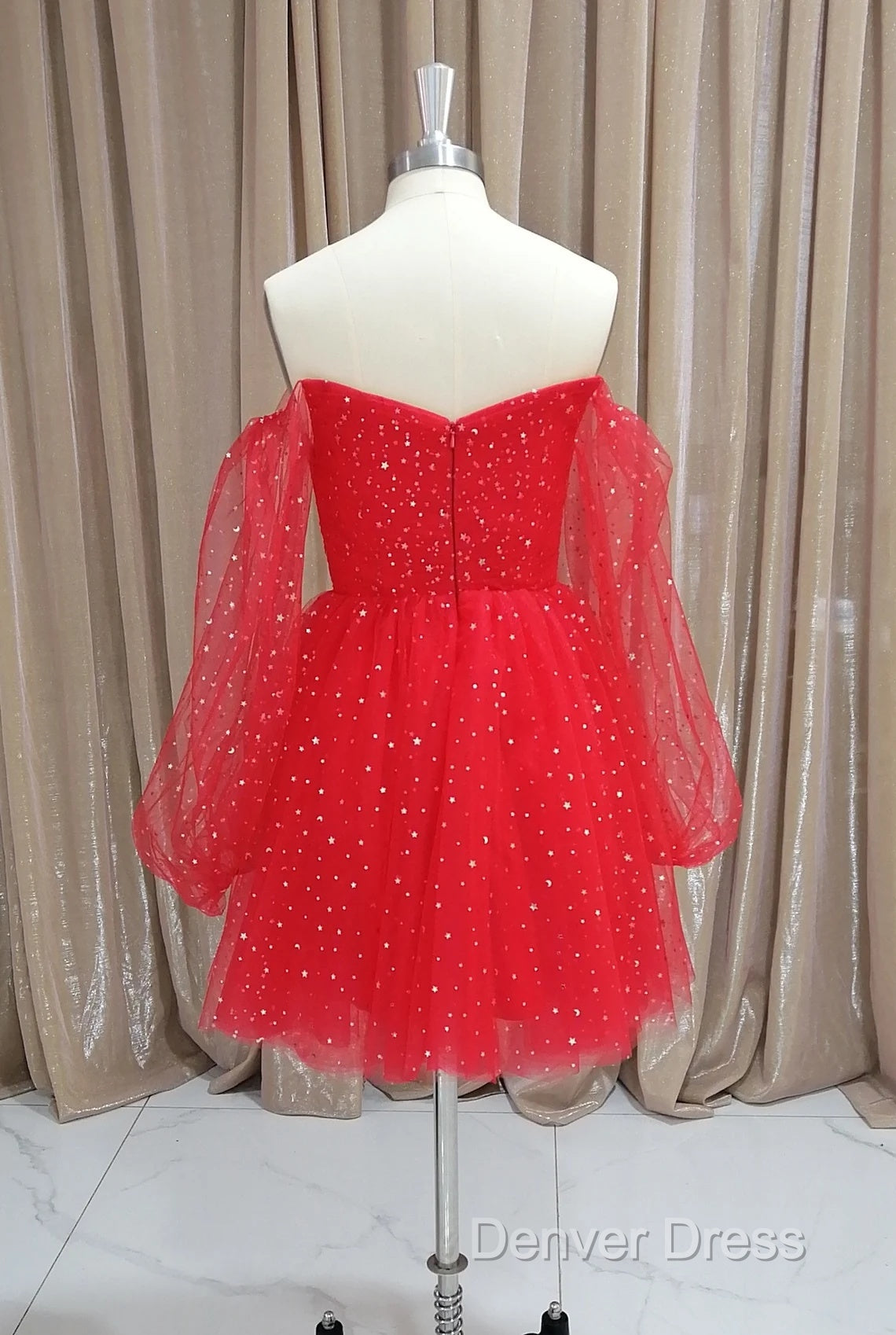 Red Tulle Long Puffy Sleeves Short Prom Dresses, Red Tulle Homecoming Dresses