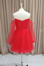 Red Tulle Long Puffy Sleeves Short Prom Dress, Red Tulle Homecoming Dresses
