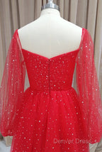 Red Tulle Long Puffy Sleeves Short Prom Dresses, Red Tulle Homecoming Dresses