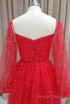 Red Tulle Long Puffy Sleeves Short Prom Dress, Red Tulle Homecoming Dresses