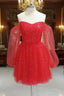 Red Tulle Long Puffy Sleeves Short Prom Dresses, Red Tulle Homecoming Dresses