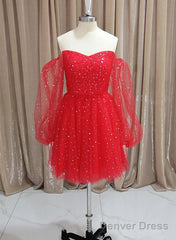 Red Tulle Long Puffy Sleeves Short Prom Dress, Red Tulle Homecoming Dress