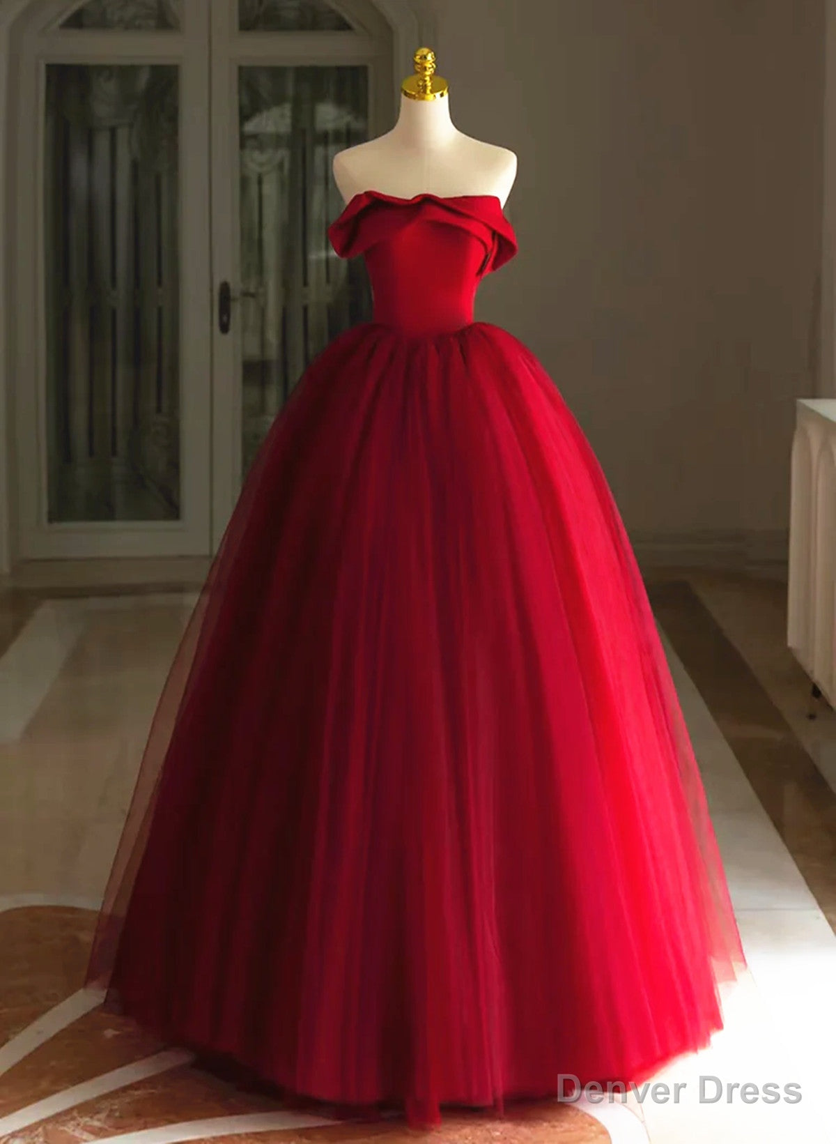 Red Tulle Long Scoop Long Prom Dress Party Dress, Red Evening Dress Main image