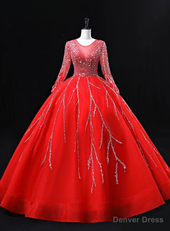 Red Tulle Long Sleeve Beading Sequins Backless Quinceanera Dresses