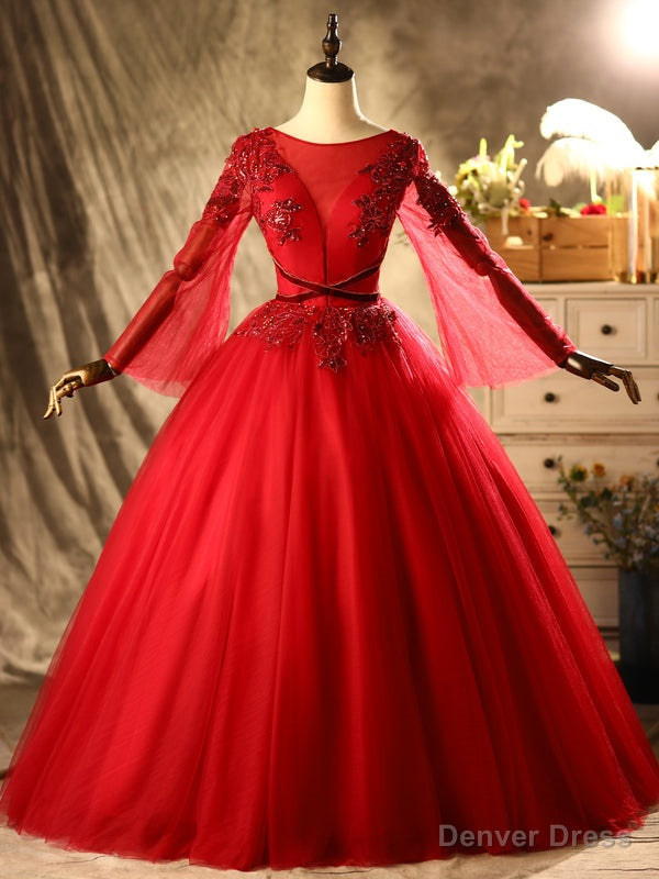 Red Tulle Long Sleeve Beading Sequins Quinceanera Dresses Main image