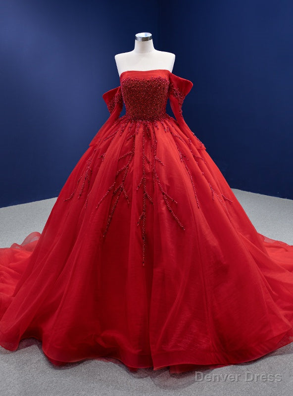 Red Tulle Long Sleeve Off the Shoulder Pearls Prom Dresses Main image