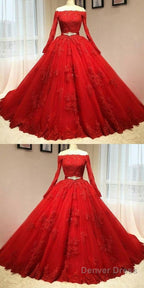 Red Tulle Long Sleeve Quinceanera Dresses Lace Appliques Puffy Tulle Ball Gown Prom Dresss Party Dress