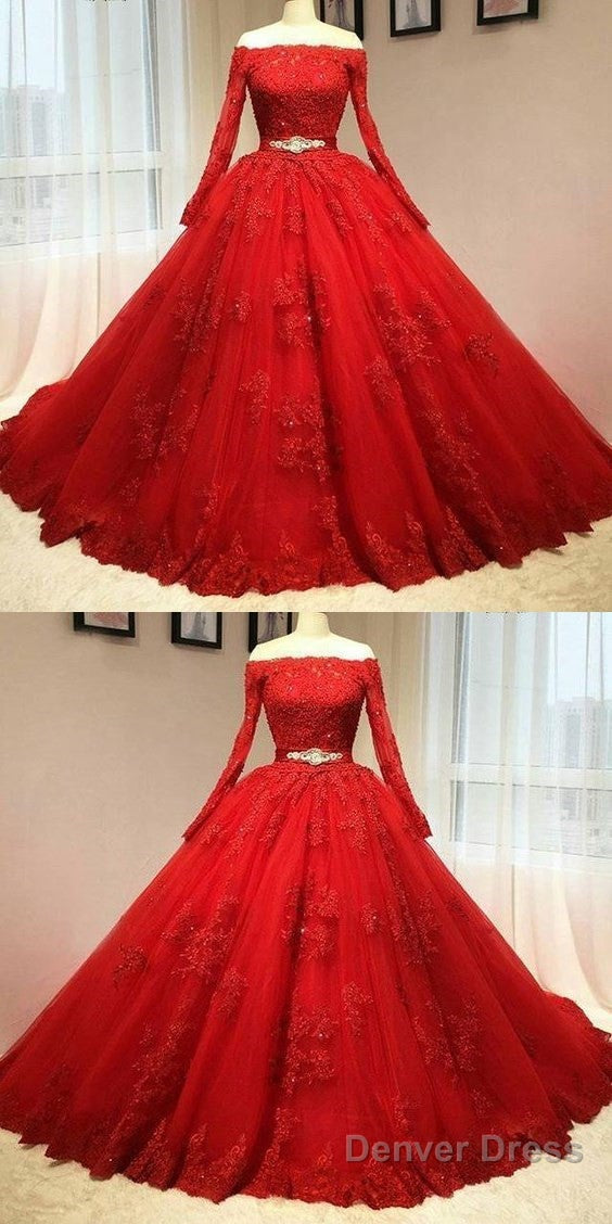 Red Tulle Long Sleeve Quinceanera Dresses Lace Appliques Puffy Tulle Ball Gown Prom Dresss Party Dress