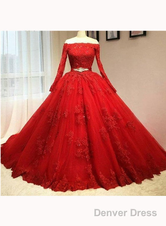 Red Tulle Long Sleeve Quinceanera Dresses Lace Appliques Puffy Tulle Ball Gown Prom Dresss Party Dress Main image
