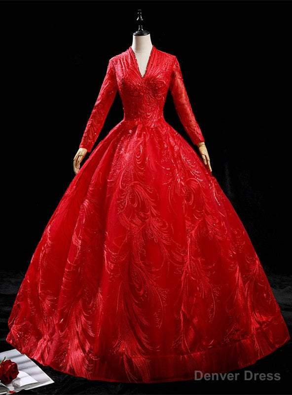 Red Tulle Long Sleeve V Neck Backless Quinceanera Dresses