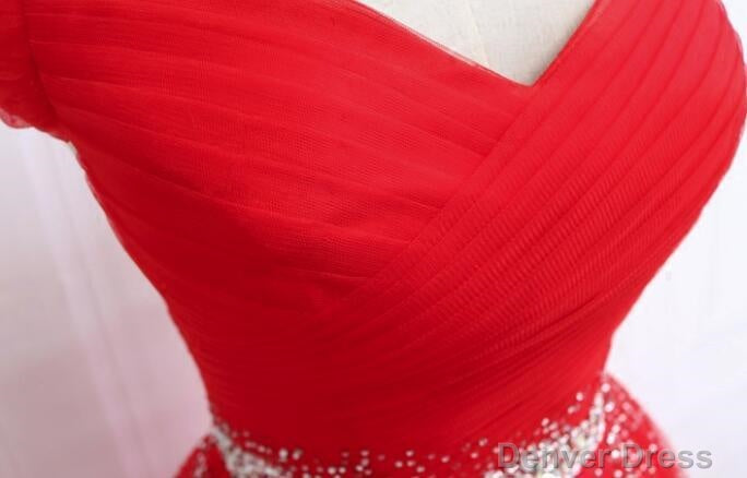 Red Tulle Off Shoulder Long Prom Gowns , Red Sweet 16 Dresses