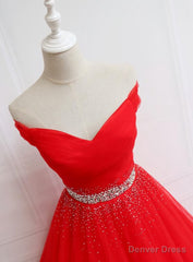 Red Tulle Off Shoulder Long Formal Gown , Red Sweet 16 Dresses