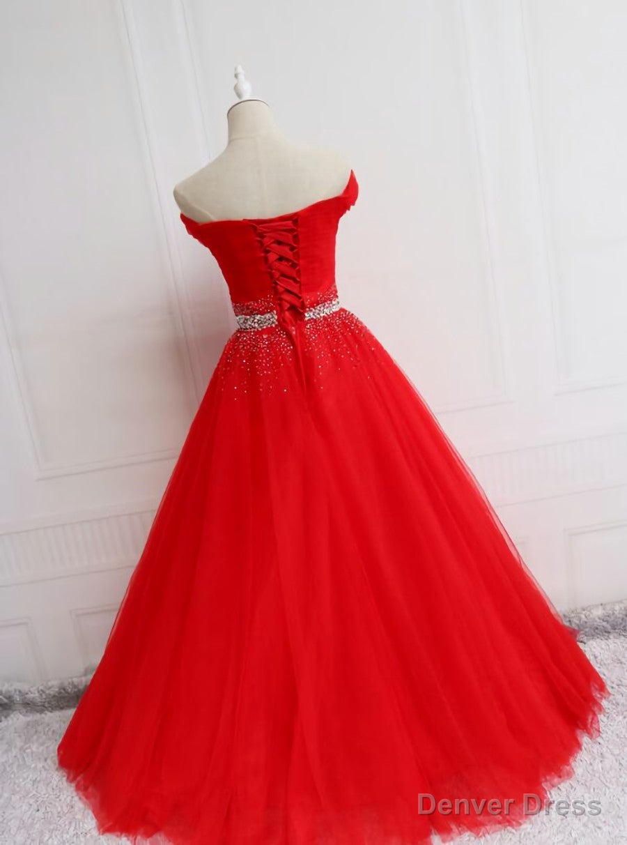 Red Tulle Off Shoulder Long Prom Gowns , Red Sweet 16 Dresses