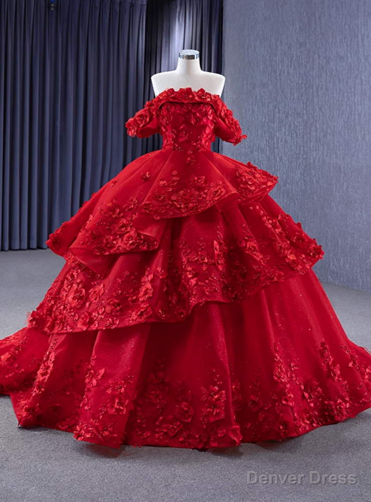 Red Tulle Off the Shoulder 3D Appliques Prom Dresses Main image