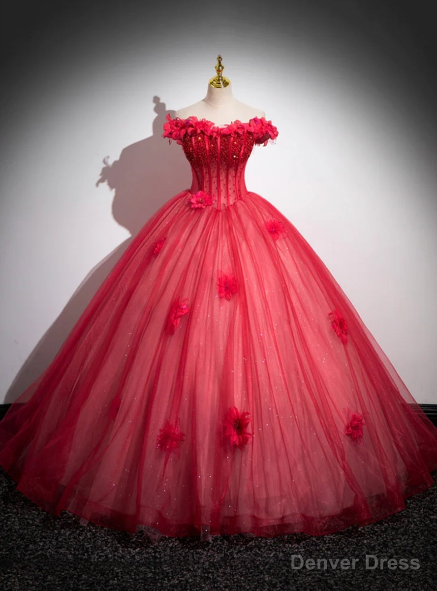 Red Tulle Off the Shoulder Beading Flower Quinceanera Dresses Main image