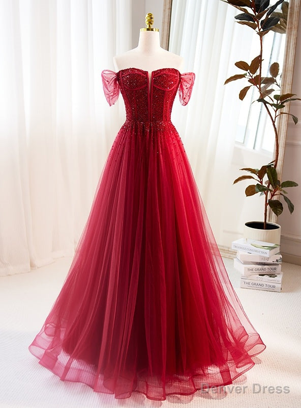 Red Tulle Off the Shoulder Beading Prom Dresses