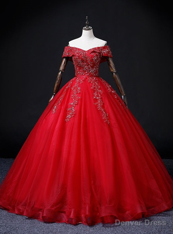 Red Tulle Off the Shoulder Beading Quinceanera Dresses