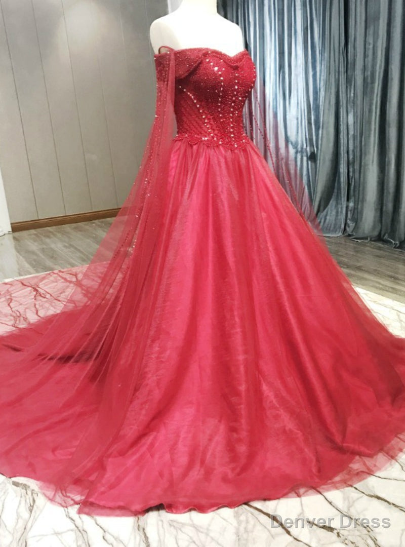 Red Tulle Off The Shoulder Beading Wedding Dresses Main image