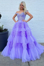 Red Tulle Off The Shoulder Ruffle Tiered Long Prom Dresses