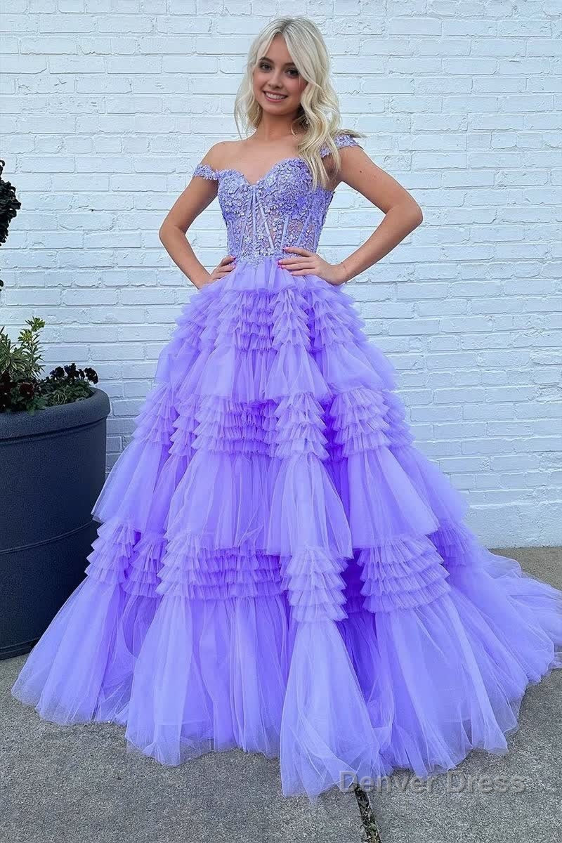 Red Tulle Off The Shoulder Ruffle Tiered Long Prom Dresses