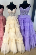 Red Tulle Off The Shoulder Ruffle Tiered Long Prom Dresses