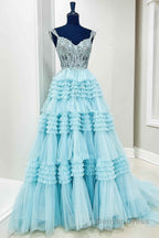 Red Tulle Off The Shoulder Ruffle Tiered Long Prom Dresses