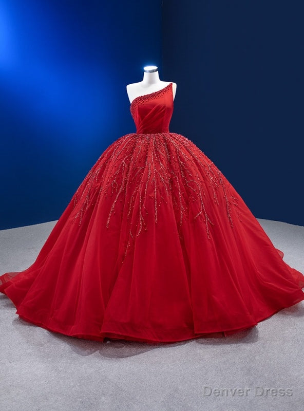 Red Tulle One Shoulder Beading Pearls Prom Dresses Main image