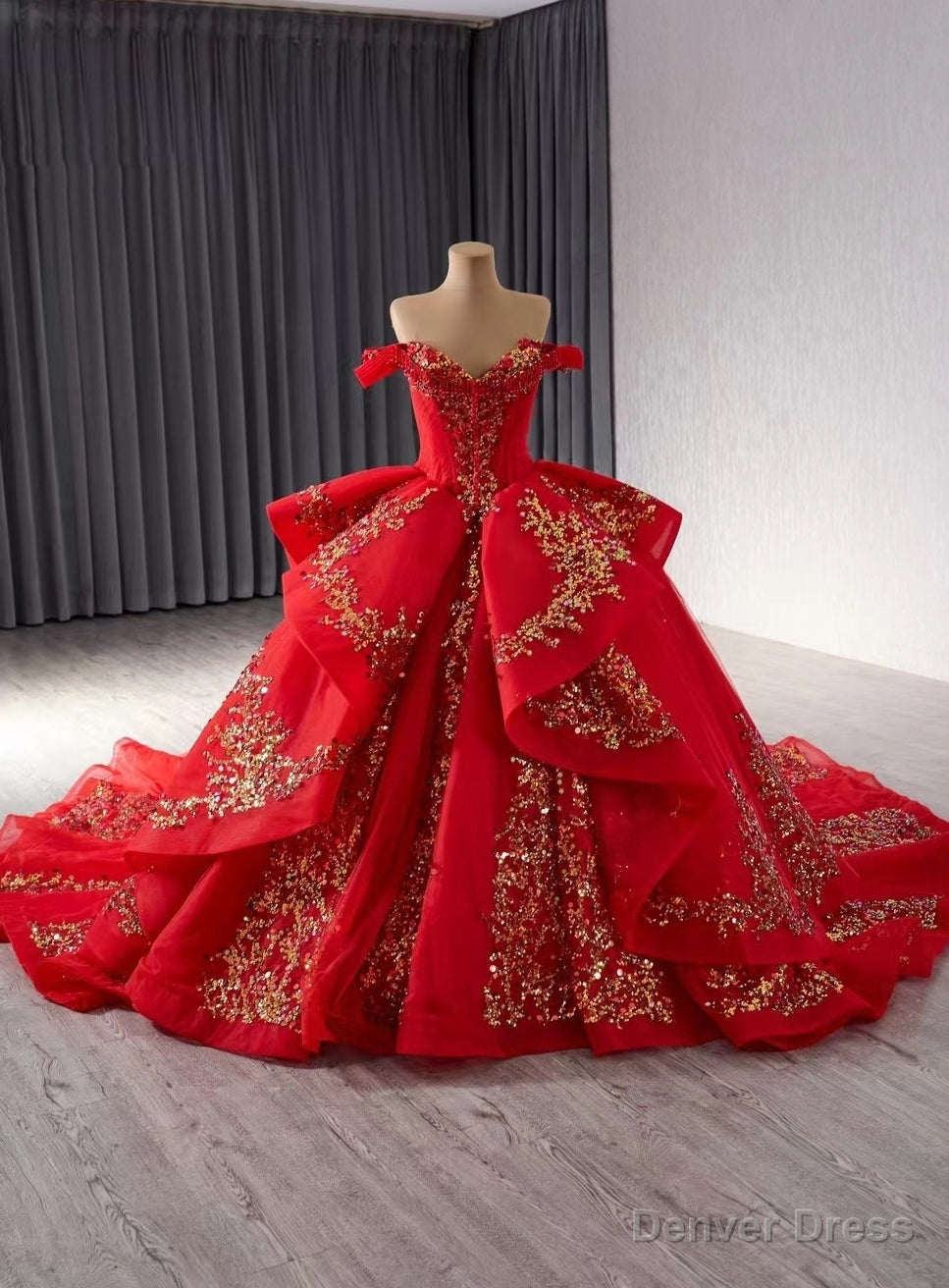Red Tulle Sequins Off the Shoulder Prom Dress Main image
