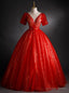 Red Tulle Sequins Short Sleeve Appliques Quinceanera Dresses
