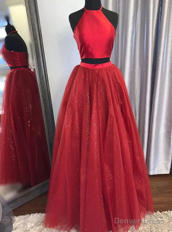 Red Tulle Sequins Two Piece Halter Prom Dresses Main image