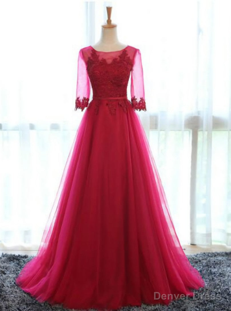 Red Tulle Short Sleeve Lace Bridesmaid Dresses Main image