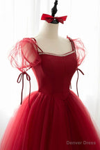 Red Tulle Short Sleeve Prom Dress, A Line Floor Length Prom Graduation Dresses