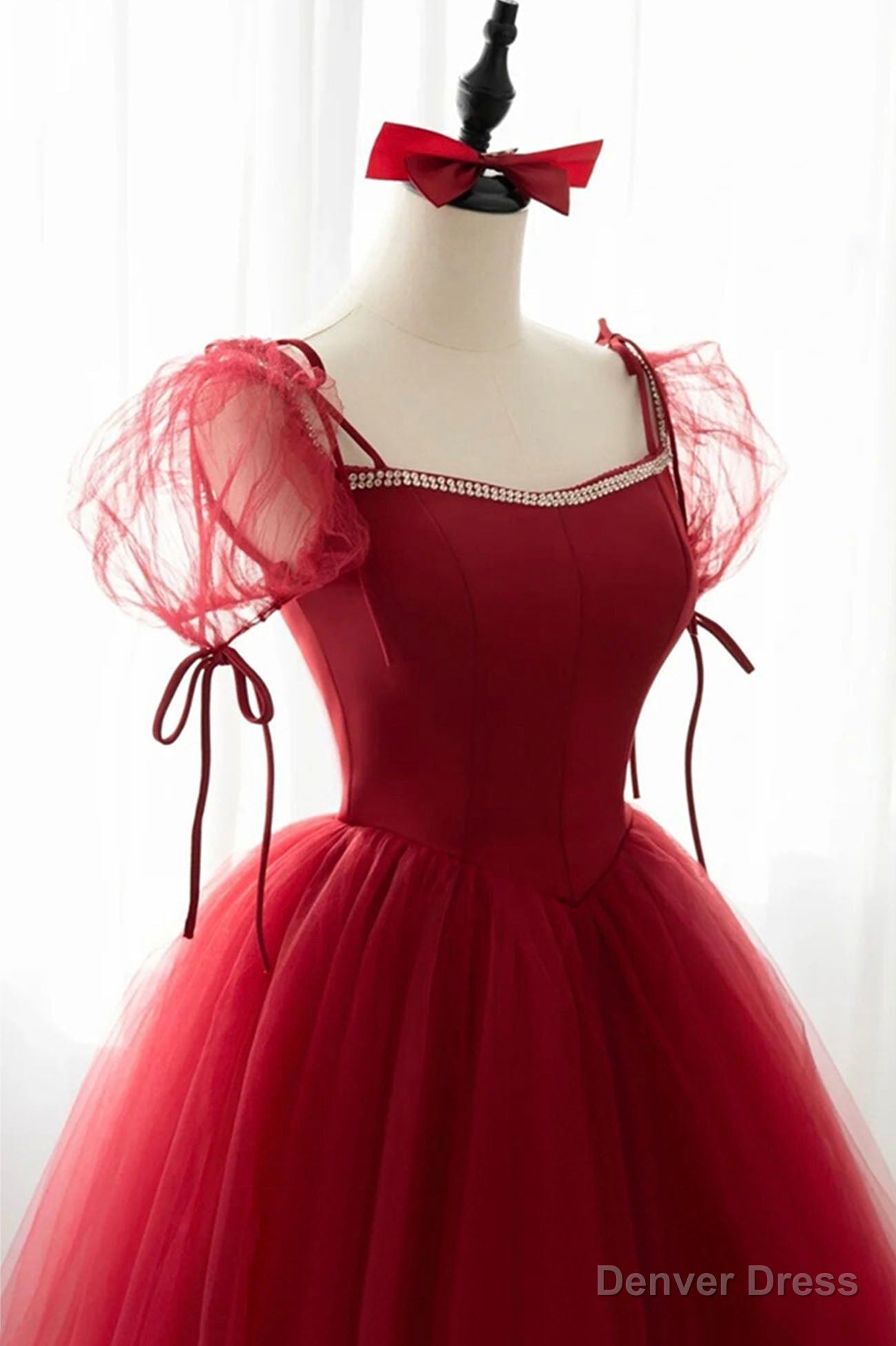 Red Tulle Short Sleeve Prom Dress, A Line Floor Length Prom Graduation Dresses