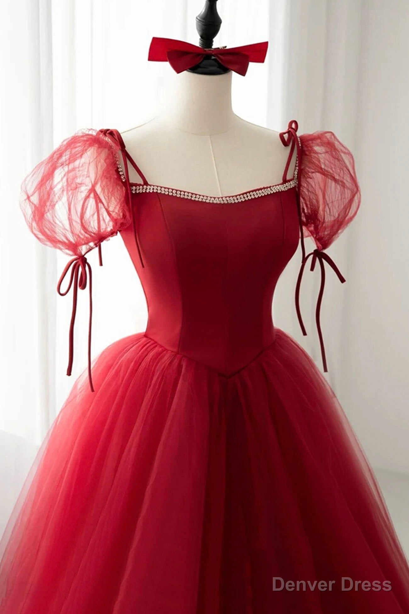 Red Tulle Short Sleeve Prom Dress, A Line Floor Length Prom Graduation Dresses Secondary image