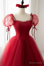 Red Tulle Short Sleeve Prom Dress, A Line Floor Length Prom Graduation Dresses