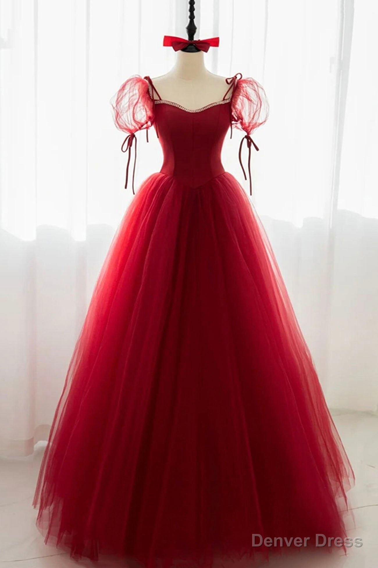 Red Tulle Short Sleeve Prom Dress, A Line Floor Length Prom Graduation Dresses Main image