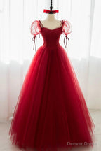 Red Tulle Short Sleeve Prom Dress, A Line Floor Length Prom Graduation Dresses