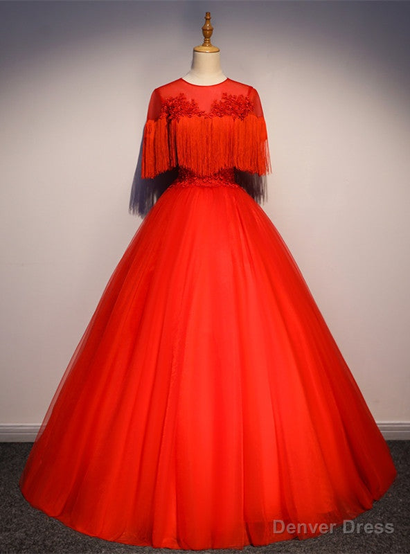 Red Tulle Short Sleeve Tassel Appliques Quinceanera Dresses Main image