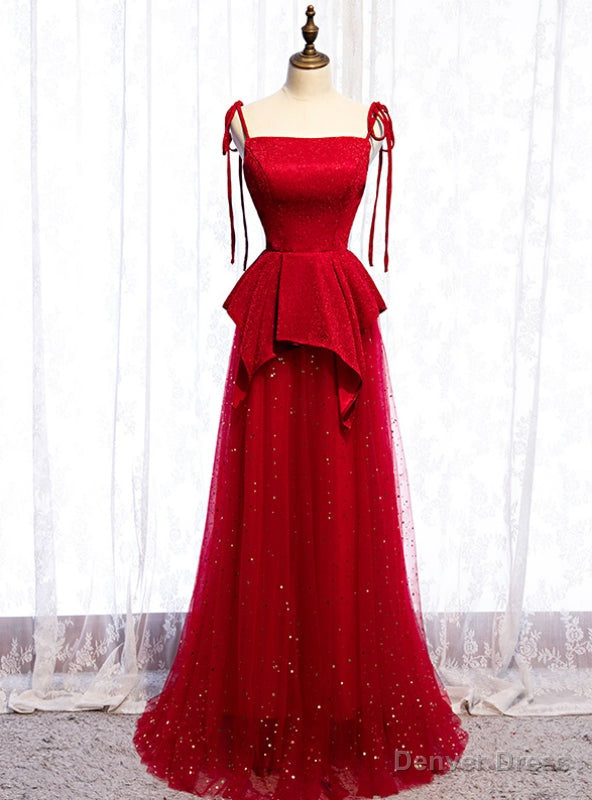 Red Tulle Spagehtti Straps Sequins Long Prom Dresses