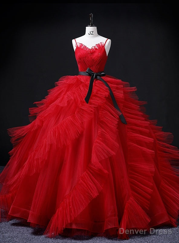 Red Tulle Spaghetti Straps Pleats Quinceanera Dresses Main image