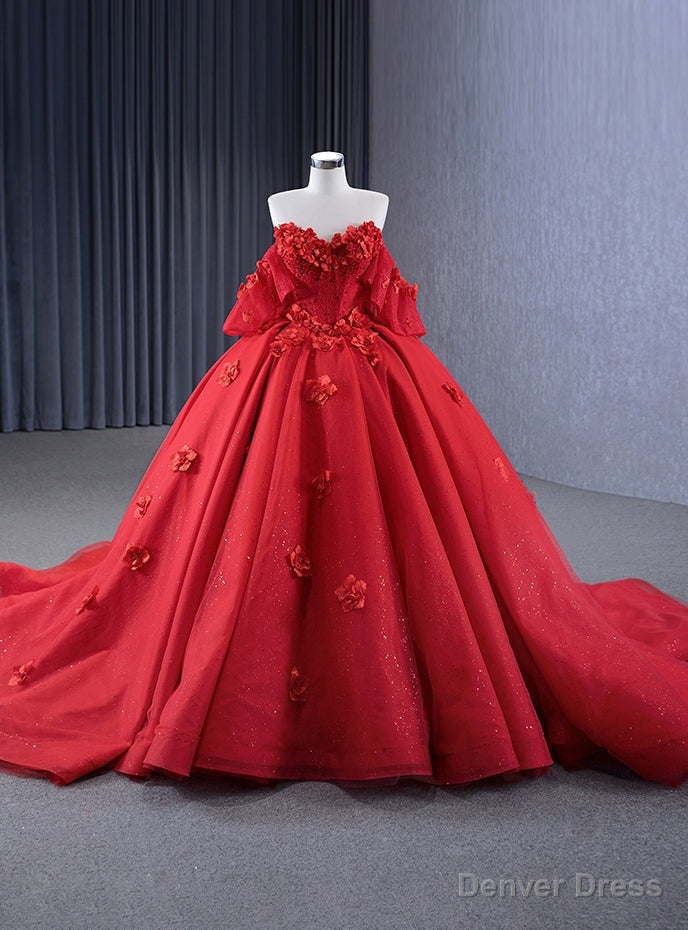 Red Tulle Strapless 3D Flower Prom Dresses Main image