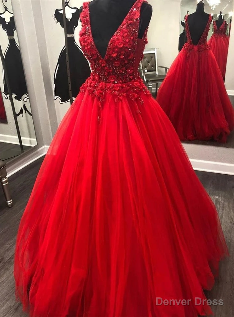 Red Tulle V Neck Backless Flower Beading Prom Dresses Main image
