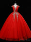 Red Tulle V-neck Cap Sleeve Sequins Beading Quinceanera Dress