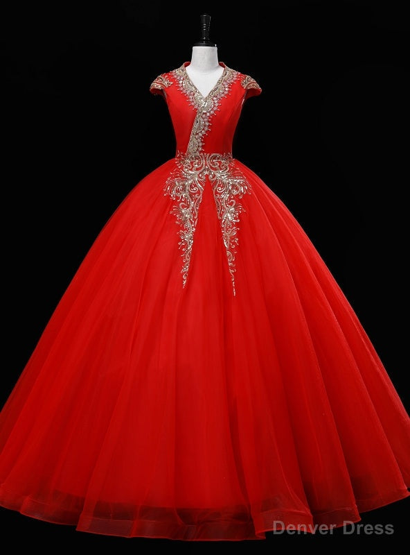 Red Tulle V Neck Cap Sleeve Sequins Beading Quinceanera Dresses