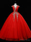 Red Tulle V Neck Cap Sleeve Sequins Beading Quinceanera Dresses